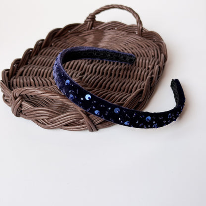 Cerchietto Zaffiro in velluto blu viola decorato con perline e paillettes blu
